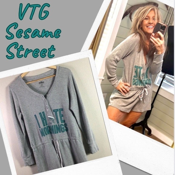 Vintage Sesame Street “I Hate Mornings” Gray Thermal Waffle Romper EUC Size L - Picture 5 of 11